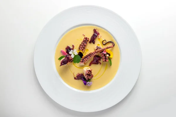 Placa Con Pulpo Con Cebolla Caramelizada Sobre Puré Garbanzos Aislado — Foto de Stock