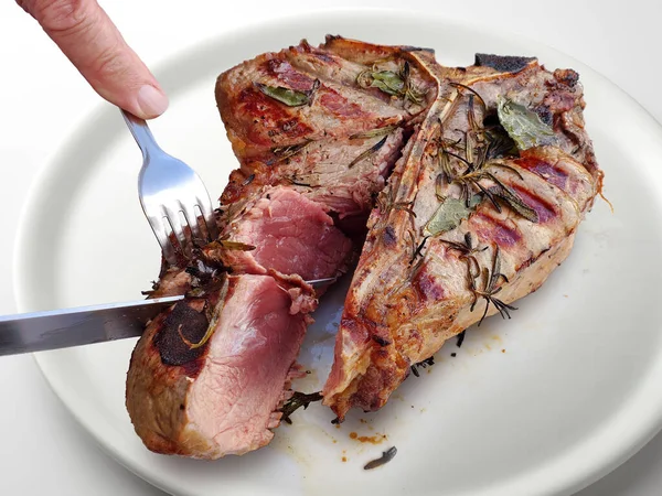 Grilled Florentine Bone Beef Steak Cut White Plate White Background — Stock Photo, Image