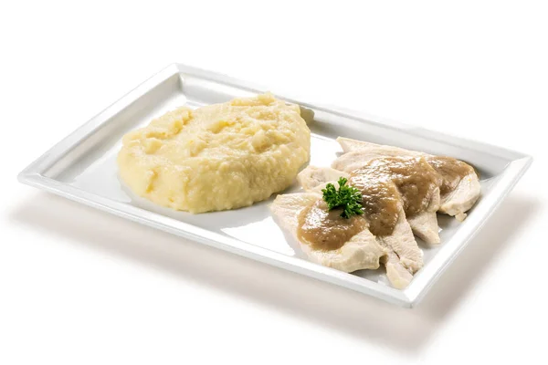 Rechthoekige Plaat Met Plakjes Wit Vlees Aardappelpuree Geïsoleerd Witte Achtergrond — Stockfoto