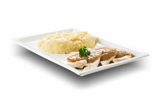 Rechthoekige Plaat Met Plakjes Wit Vlees Aardappelpuree Geïsoleerd Witte Achtergrond — Stockfoto