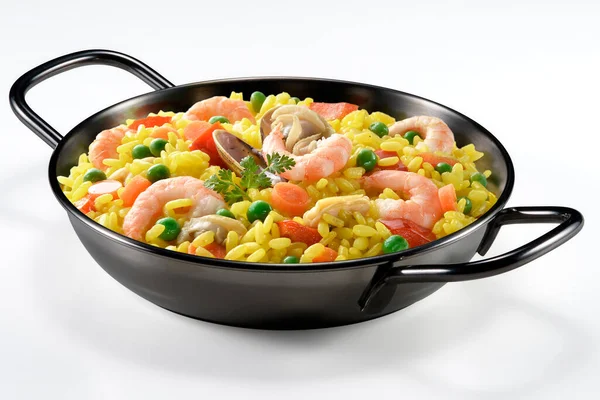 Black Pan Fish Paella Saffron Vegetables Parsley Isolated White Background — 스톡 사진
