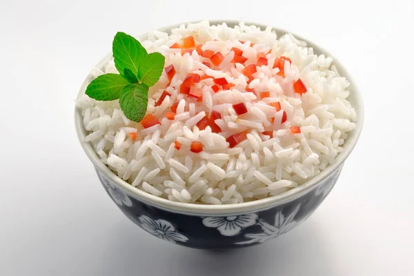 Bowl Boiled Thai Rice Pepper Mint Isolated White Background — Fotografia de Stock