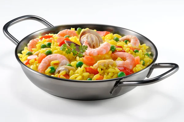 Pan Fish Paella Saffron Vegetables Parsley Isolated White Background — Fotografia de Stock