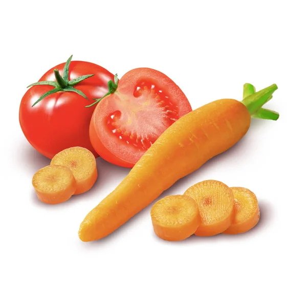 Group Chopped Tomatoes Carrots Isolated White Background — Stock Photo, Image