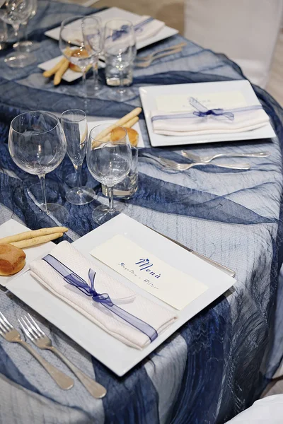 Detail Elegant Table Set Blue Color Organza Wedding Banquet — Photo