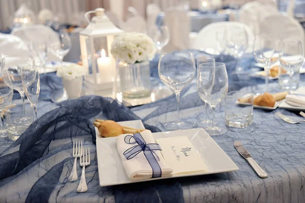 Detail Elegant Table Set Blue Color Organza Wedding Banquet — Photo