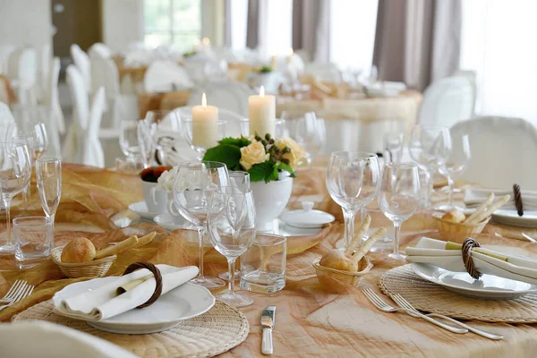 Detail Elegant Table Set Ocher Color Organza Wedding Banquet — Zdjęcie stockowe