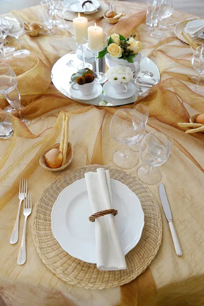 Detail Elegant Table Set Ocher Color Organza Wedding Banquet — Zdjęcie stockowe