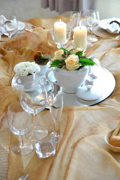 Detail Elegant Table Set Ocher Color Organza Wedding Banquet — Stockfoto