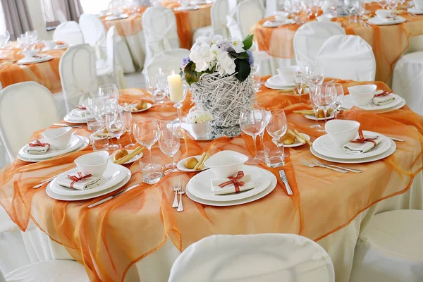 Detail Table Set Orange Organza Elegant Wedding Banquet — Stockfoto