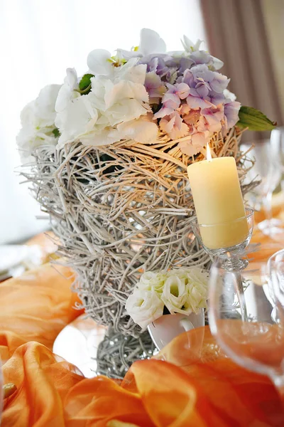 Detail Table Set Orange Organza Elegant Wedding Banquet — Zdjęcie stockowe