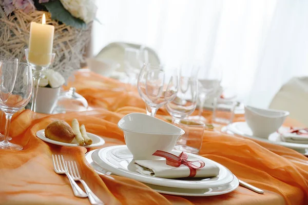 Detail Table Set Orange Organza Elegant Wedding Banquet — Stock fotografie