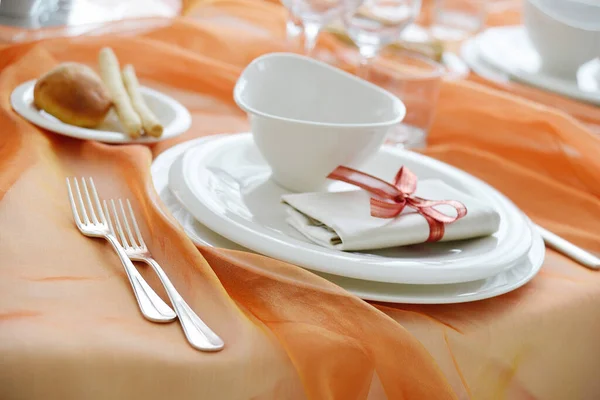 Detail Table Set Orange Organza Elegant Wedding Banquet — Φωτογραφία Αρχείου