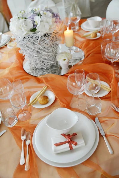 Detail Table Set Orange Organza Elegant Wedding Banquet — Stock Fotó