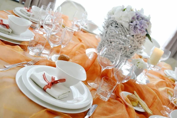 Detail Table Set Orange Organza Elegant Wedding Banquet — Stock fotografie
