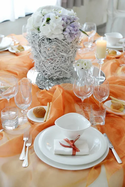 Detail Table Set Orange Organza Elegant Wedding Banquet — Zdjęcie stockowe