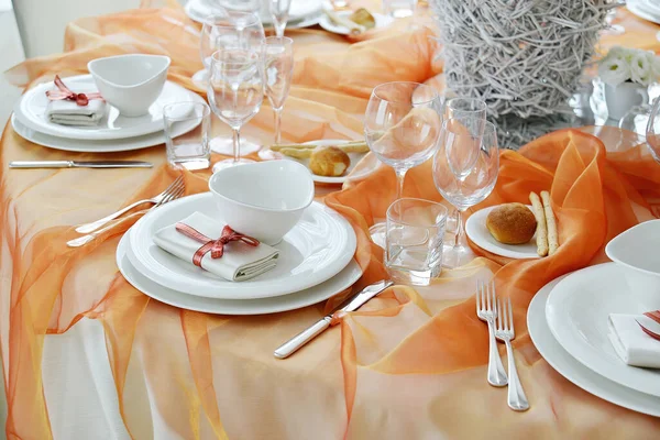 Detail Table Set Orange Organza Elegant Wedding Banquet — Zdjęcie stockowe