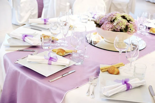 Detail Table Set Pink Runner Elegant Wedding Banquet — Stock fotografie
