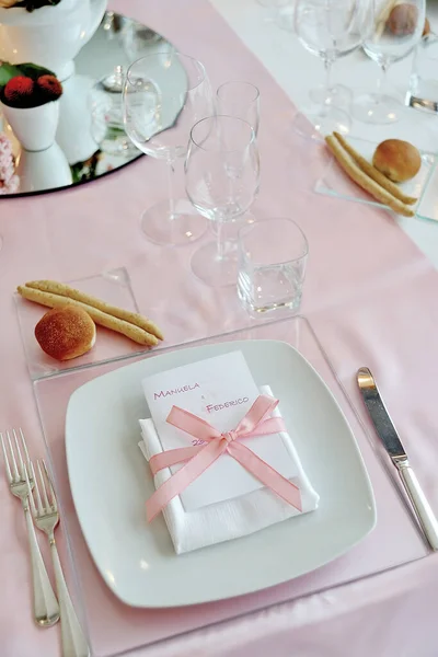 Detail Table Set Pink Runner Elegant Wedding Banquet — ストック写真