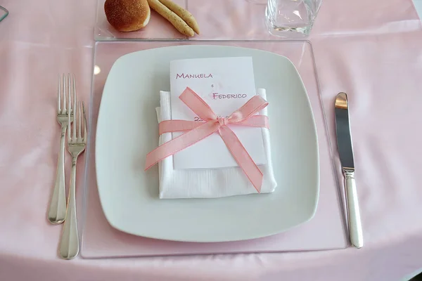Detail Table Set Pink Runner Elegant Wedding Banquet — ストック写真