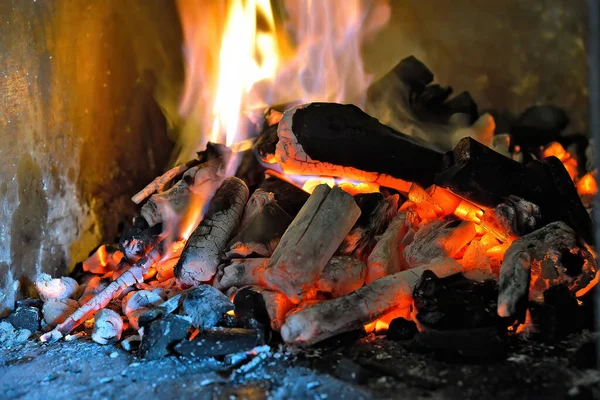 Detail of wood burning in the fireplace for barbeque embers