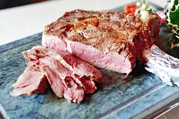 Ribeye Steak Bone Sliced Stone Cooked Barbeque — Stock Photo, Image