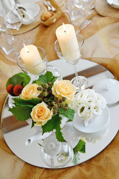 Detail Elegant Table Set Ocher Color Organza Wedding Banquet — Stockfoto