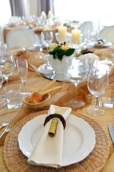 Detail Elegant Table Set Ocher Color Organza Wedding Banquet — Fotografia de Stock