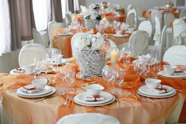 Detail Table Set Orange Organza Elegant Wedding Banquet — Stockfoto