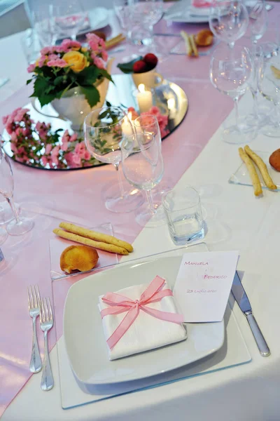 Detail Table Set Pink Runner Elegant Wedding Banquet — Foto de Stock