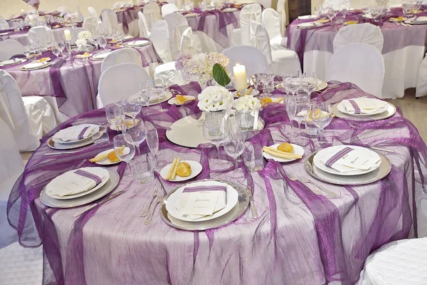 Detail Table Set Purple Organza Elegant Wedding Banquet — Stock Photo, Image