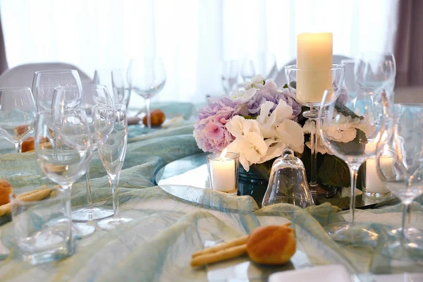 Detail Table Set Sea Water Color Organza Elegant Wedding Banquet — Foto de Stock