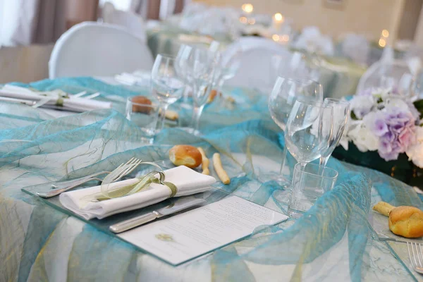 Detail Table Set Sea Water Color Organza Elegant Wedding Banquet — Zdjęcie stockowe