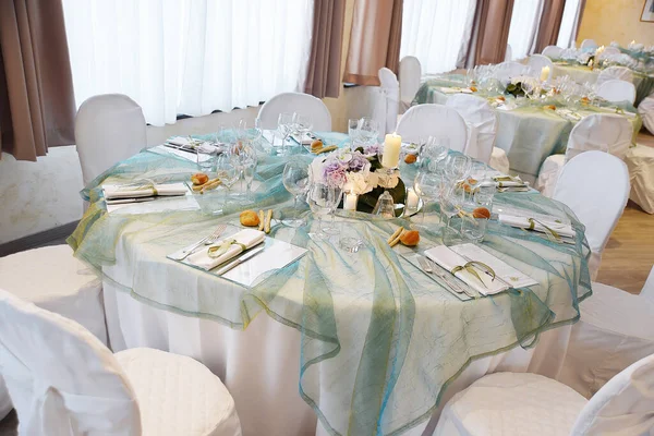 Detail Table Set Sea Water Color Organza Elegant Wedding Banquet — Zdjęcie stockowe