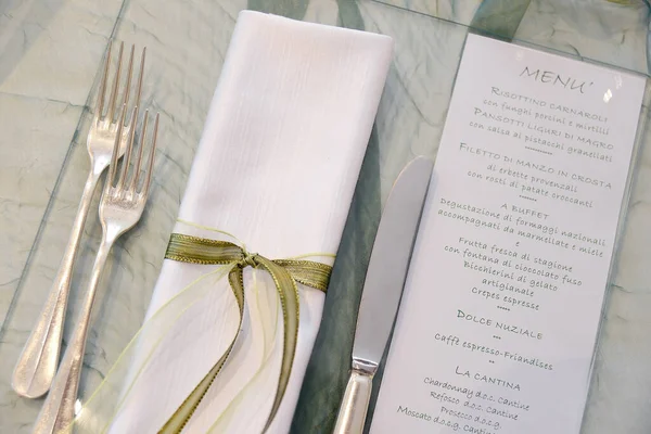 Detail Table Set Sea Water Color Organza Elegant Wedding Banquet — Photo