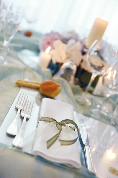 Detail Table Set Sea Water Color Organza Elegant Wedding Banquet — Stock fotografie