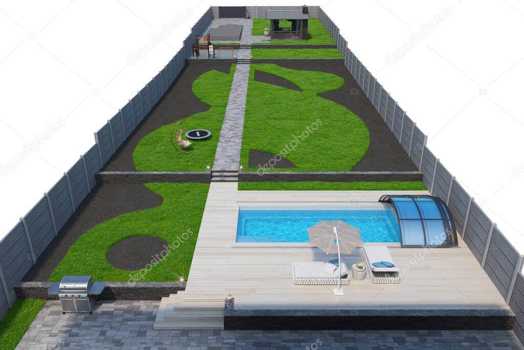 Residential pool deck with complete back yard landscaping, 3D illustration
