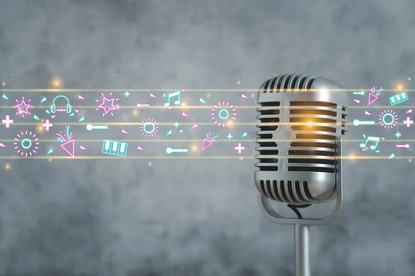 Музыкальная Концепция Микрофон Красочными Нотными Знаками Абстрактного Нотного Листа Песни — стоковое фото