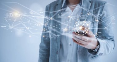 Human using mobile phone technology to analyze growing  statistics business of graph or chart . management goal strategy and action plan. Global customer network connection  on virtual interface.