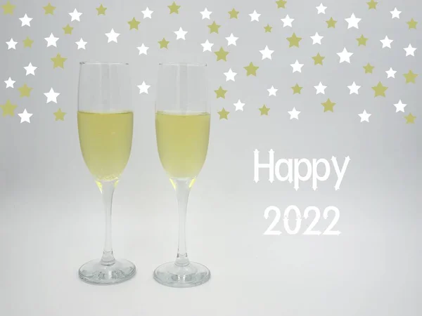 Feliz Ano Novo 2022 Copos Champanhe Fundo Cinza Com Estrelas — Fotografia de Stock