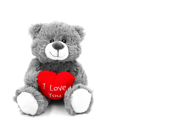 Urso Pelúcia Cinzento Com Coração Vermelho Texto Amo Urso Pelúcia — Fotografia de Stock