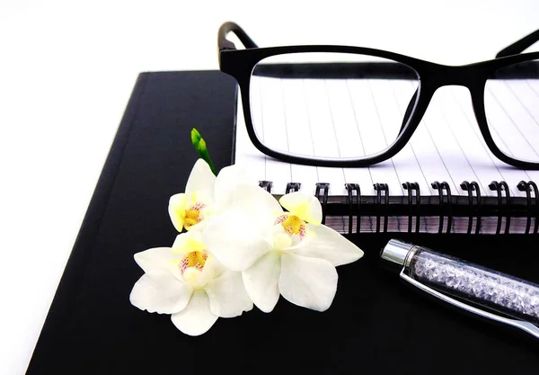 Not defteri, kalem, siyah beyaz bardaklar, beyaz arka planda izole edilmiş orkidelerle süslenmiş..