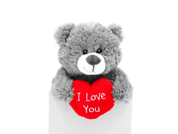 Grauer Teddybär Mit Rotem Herz Einer Schachtel Geschenk Zum Valentinstag — Stockfoto