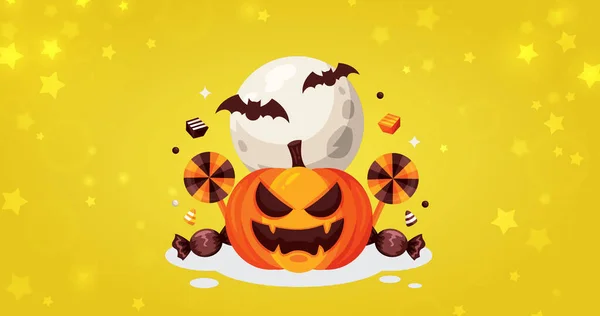 Sarı arka planda balkabağı, şeker, yarasa ve dolunay ile Cadılar Bayramı çizimi.