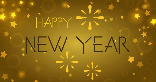 Cartão Dourado Com Fogos Artifício Estrelas Com Texto Feliz Ano — Fotografia de Stock