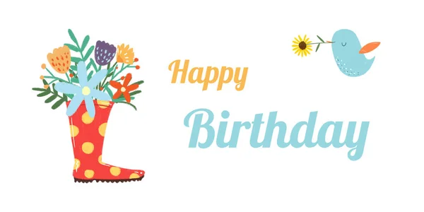 Çizmedeki çiçekler ve çiçekli mavi kuş, mutlu yıllar için kart..
