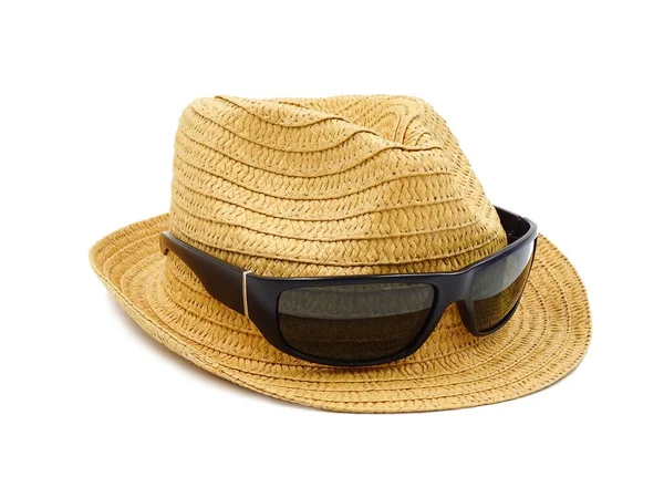 Chapéu Palha Com Óculos Sol Isolado Sobre Fundo Branco Protecção — Fotografia de Stock