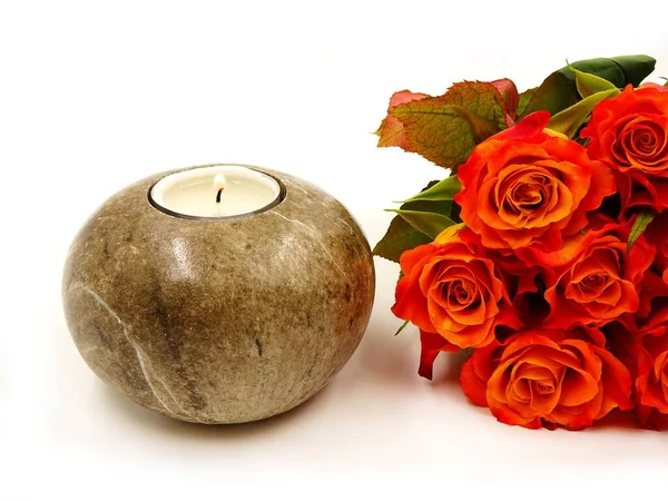 Burning Candle Orange Roses Isolated White Background — Φωτογραφία Αρχείου