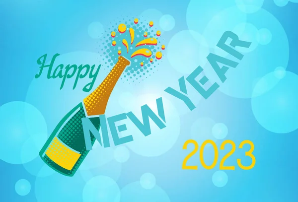 Happy New Year 2023 Illustration Bottle Text Bokeh Background — стоковое фото
