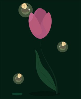 Uzun, ince bir gövdede pembe lale ve ateş böcekleri uçuşuyor.